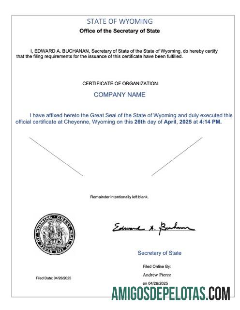 Realistis AS Wyoming sertifikat of organization Word and PDF templat