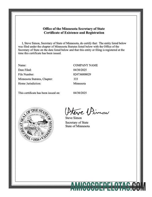 Dapat Diedit AS┬áMinnesota┬ásertifikat of existence and pendaftaran Word and PDF templat