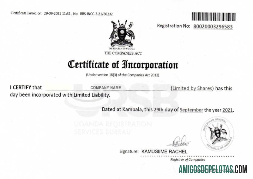 Uganda sertifikat of Incorporation desain