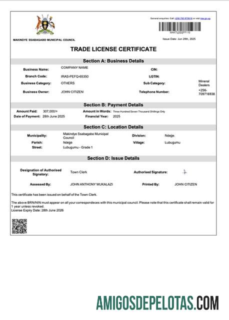 Berkualitas Uganda Makindye┬átrade lisensi sertifikat Word and PDF templat