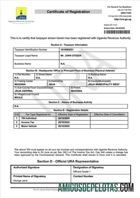 Berkualitas Uganda sertifikat of taxpayer pendaftaran Word and PDF templat