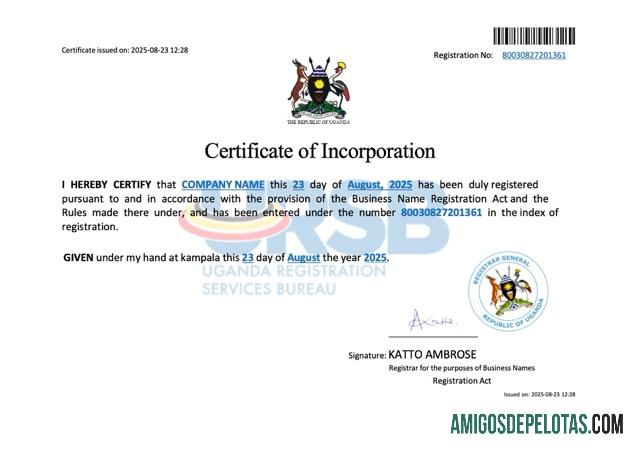 Berkualitas Uganda Perusahaan incorporation sertifikat Word and PDF templat