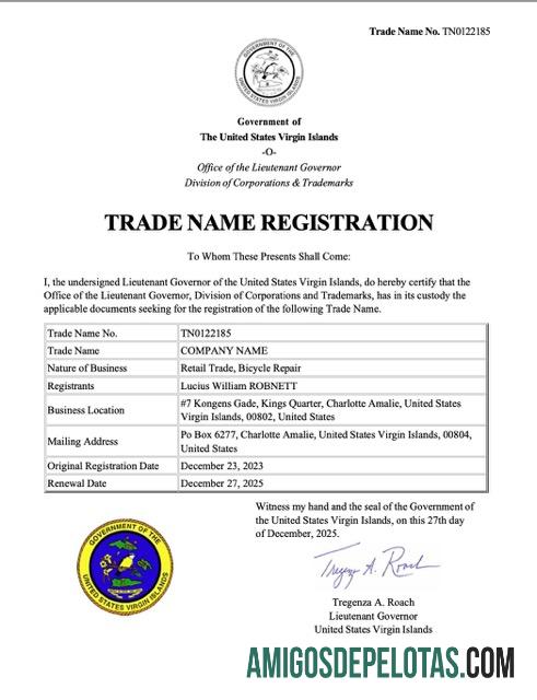 Berkualitas Virgin Island trade name pendaftaran sertifikat Word and PDF templat