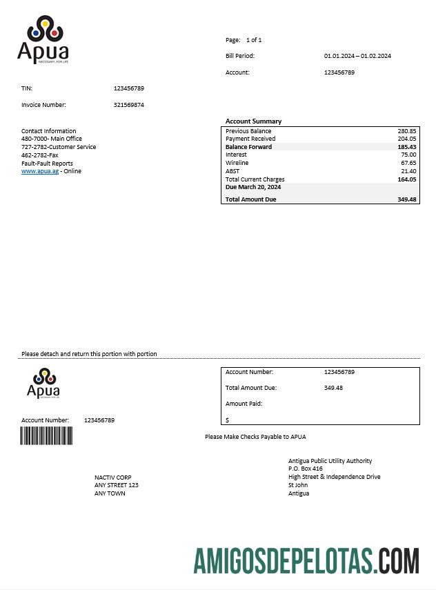 Premium Antigua dan Barbuda APUA bisnis Tagihan Tagihan Word and PDF templat