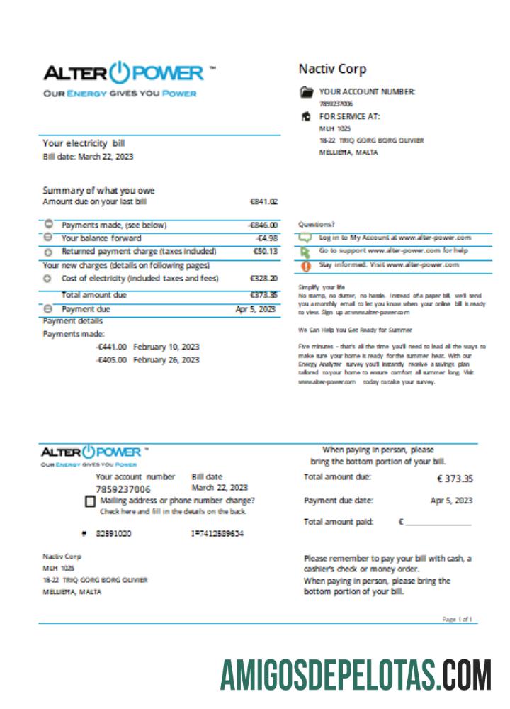AlterPower Malta proof of address Tagihan bisnis Tagihan, SCR desain