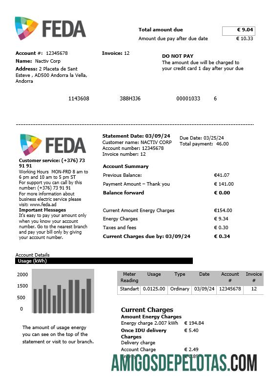 Realistis Andorra Electric Forces of Andorra bisnis Tagihan Tagihan templat in Word and PDF format