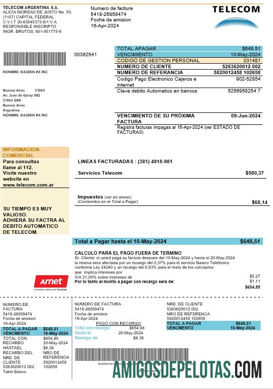 Profesional Argentina Telecom bisnis Tagihan Tagihan templat in Word and PDF format fully Dapat Diedit, good for address prove