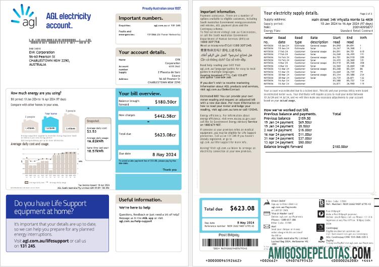 Australia AGL Listrik rekening energy bisnis Tagihan Tagihan, 3 pages, versi 2 sampel