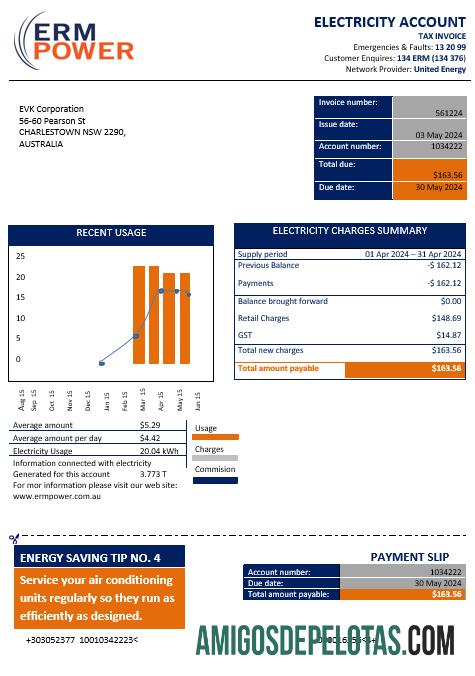 Dapat Diedit Australia ERM Power Listrik proof of address bisnis Tagihan Tagihan templat in Word and PDF format
