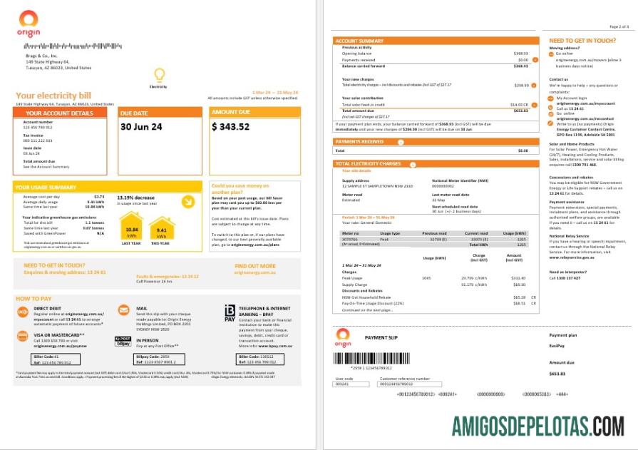 Berkualitas Australia Baru South Wales (NSW) Origin Listrik bisnis Tagihan Tagihan templat in Word and PDF forma 1 2 pages