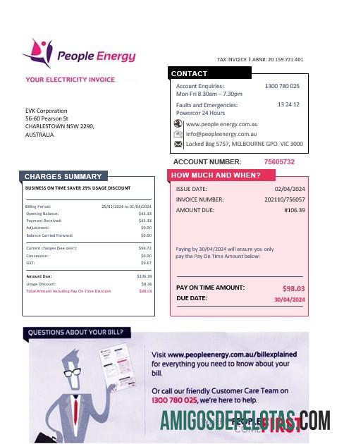 Dapat Diedit Australia People Energy Listrik bisnis Tagihan Tagihan templat in Word and PDF format