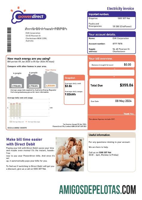 Dapat Diedit Australia Powerdirect Listrik bisnis Tagihan Tagihan templat in Word and PDF format