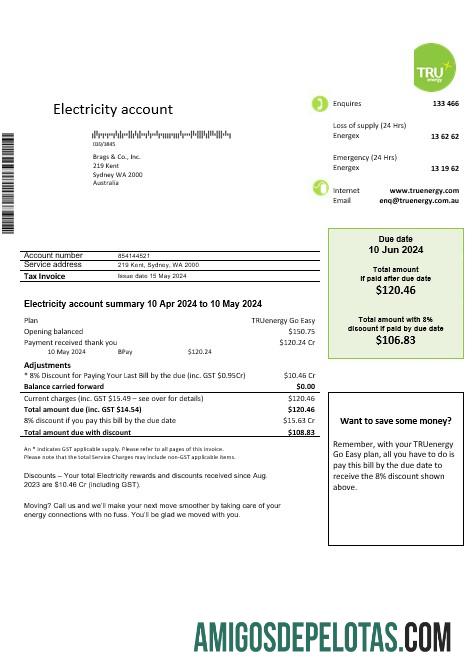 Dapat Diedit Australia Tru Energy Listrik bisnis Tagihan Tagihan templat in Word and PDF format