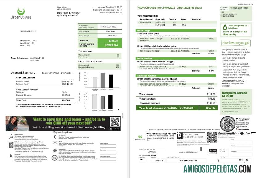 Realistis Australia Urban Utilities Word and PDF bisnis Tagihan Tagihan templat 2 pages