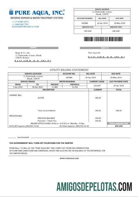 Dapat Diedit Belarus Pure Aqua Inc bisnis Tagihan Tagihan Word and PDF templat