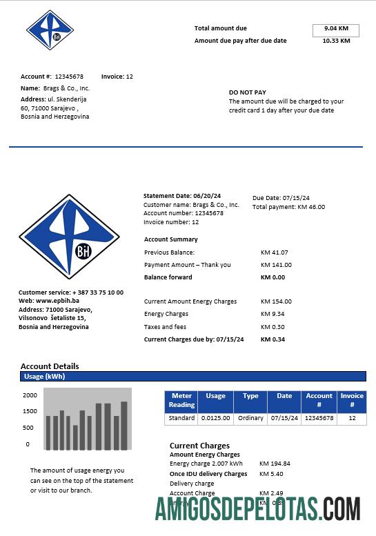 Profesional Bosnia dan Herzegovina Elektroprivreda BiH Listrik bisnis Tagihan Tagihan templat in Word and PDF