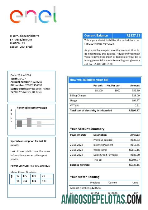 Realistis Brasil ENEL Listrik bisnis Tagihan Tagihan templat in Word and PDF format