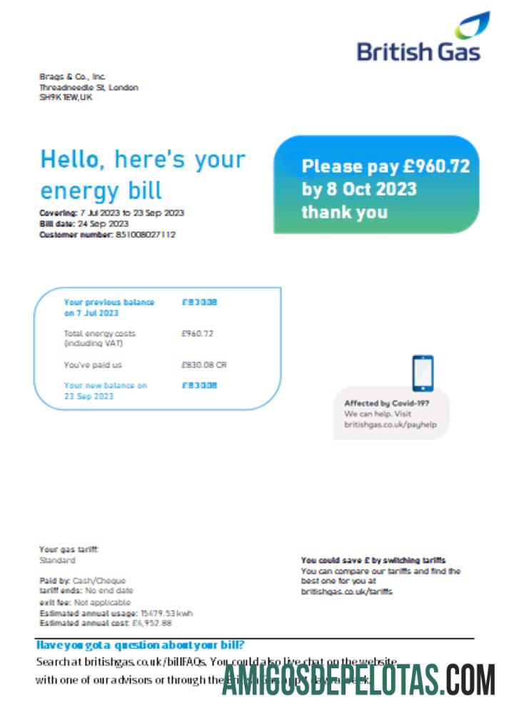 British Gas Energy Tagihan bisnis Tagihan SCR Halaman 1 sampel