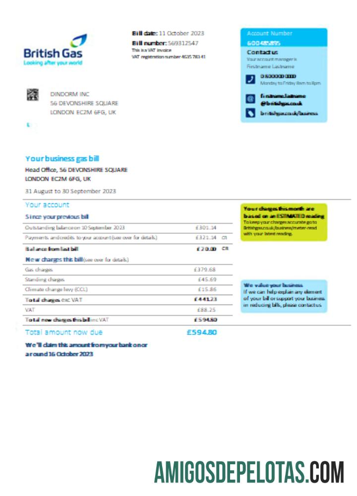 British Gas Tagihan bisnis Tagihan, SCR sampel