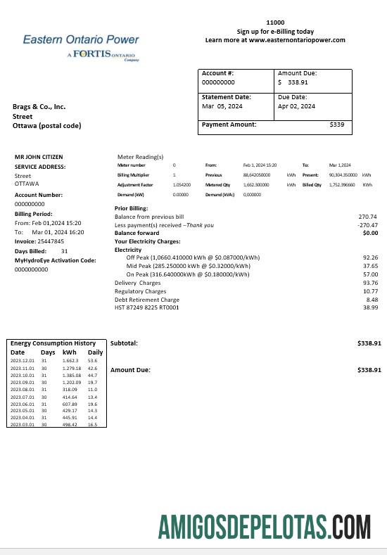 Realistis Kanada Eastern Ontario Power bisnis Tagihan Tagihan templat in Word and PDF format