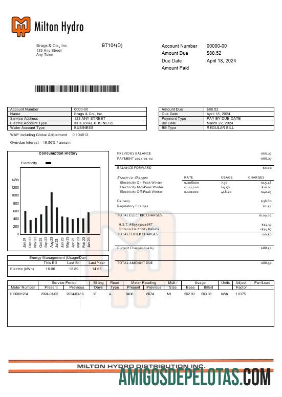 Kanada Milton Hydro electricitybusiness Tagihan Tagihan Word and PDF format makering