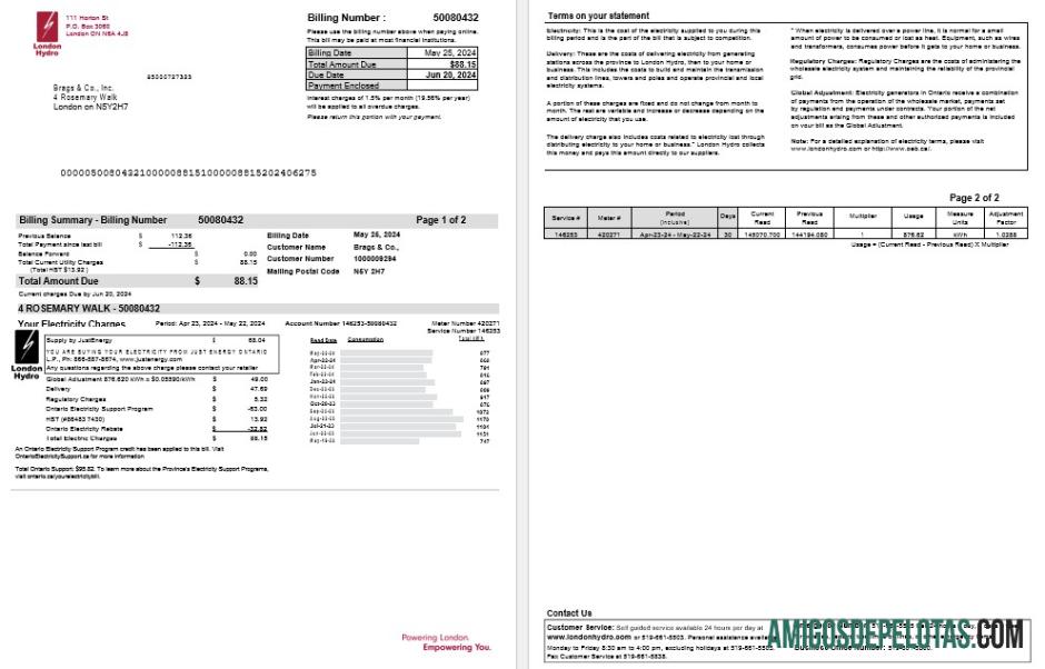 Premium Kanada Ontario London Hydro bisnis Tagihan Tagihan Word and PDF templat