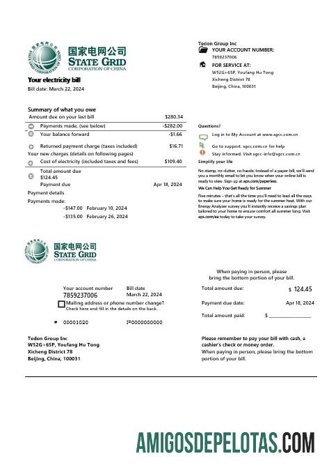 Tiongkok State Kisi Corporation of Tiongkok Listrik bisnis Tagihan Tagihan in Word and PDF format makering