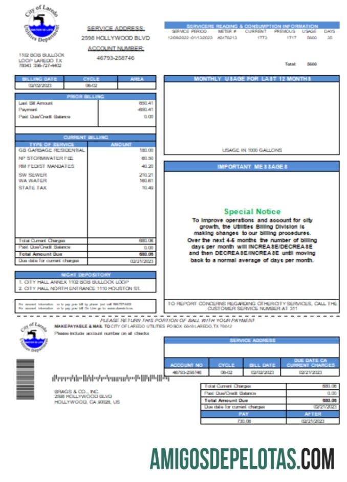 City of Laredo Utilities Department Air Tagihan bisnis Tagihan, SCR desain