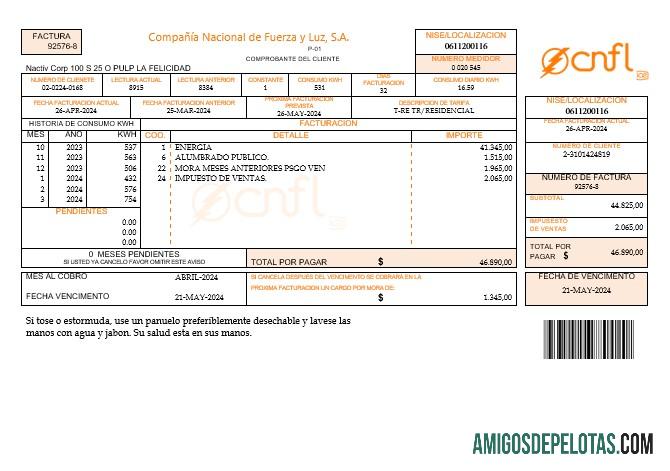 Kosta Rika Compania Nacional de Fuerza y Luz, S A CNFL bisnis Tagihan Tagihan in Word and PDF format sampel