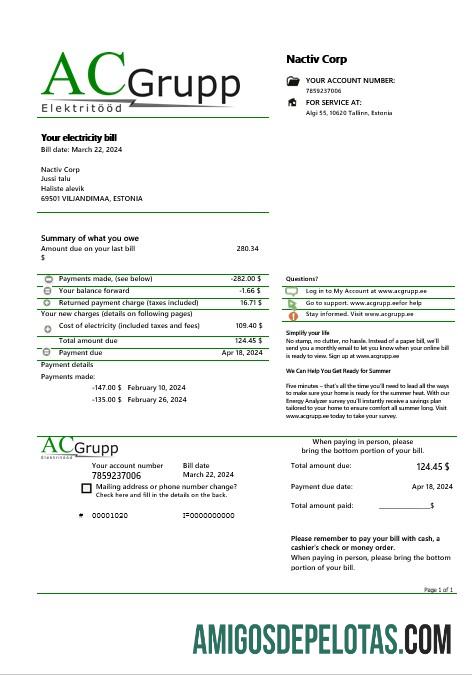 Berkualitas Estonia AC Grupp OU╠ê Listrik bisnis Tagihan Tagihan templat in Word and PDF format