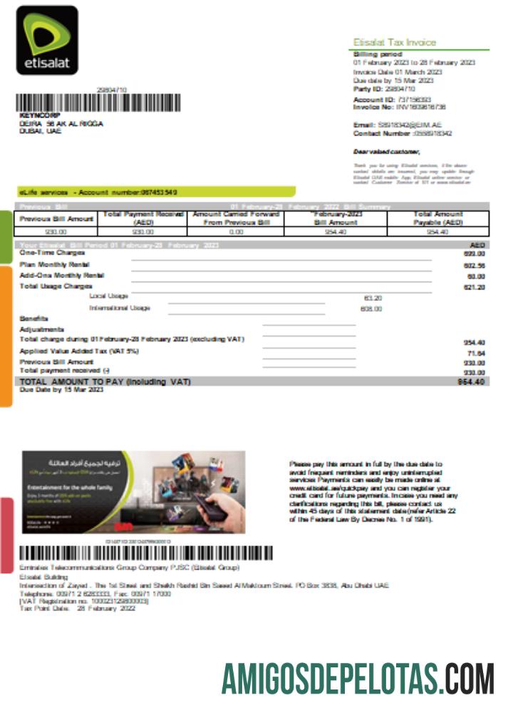 Etisalat Tagihan bisnis Tagihan, SCR templat