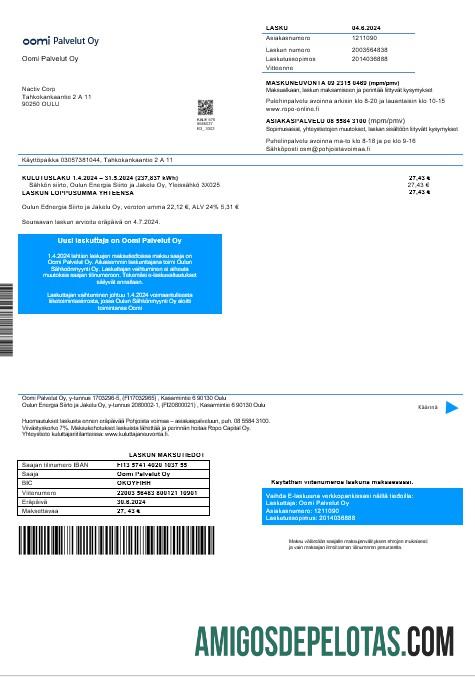 Finlandia Oomi Palvelut Oy Listrik bisnis Tagihan Tagihan in Word and PDF format templat