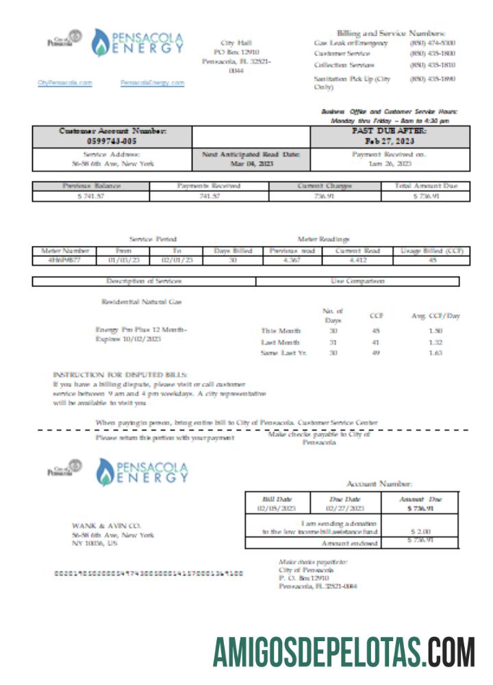 Florida Pensacola Energy Tagihan bisnis Tagihan, SCR sampel
