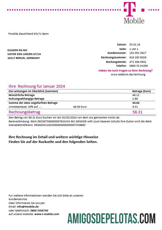 Profesional Jerman T Mobile bisnis Tagihan Tagihan templat in Word and PDF format