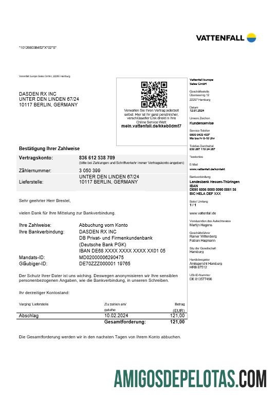 Premium Jerman VATTENFALL bisnis Tagihan Tagihan templat in Word and PDF format