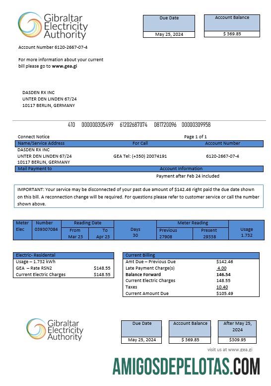 Profesional Gibraltar Listrik Authority bisnis Tagihan Tagihan Word and PDF templat
