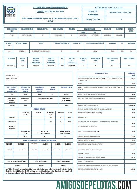 Hindi Uttarakhand power corporation Listrik Tagihan Tagihan Word and PDF format sampel