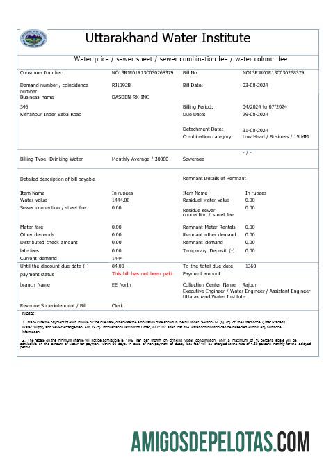 Berkualitas India UTTARAKHAND Air bisnis Tagihan Tagihan Word and PDF templat