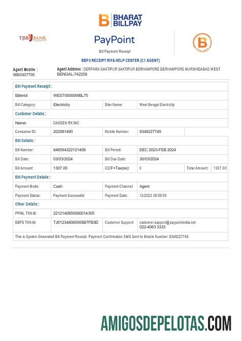 Profesional India WEST BENGAL Listrik bisnis Tagihan Tagihan Word and PDF templat