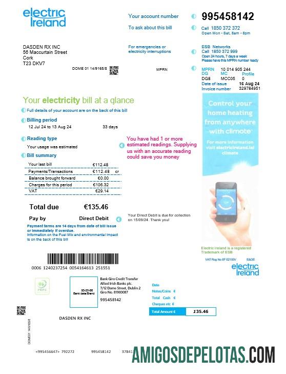 Berkualitas Irlandia ELECTRIC Irlandia bisnis Tagihan Tagihan Word and PDF templat