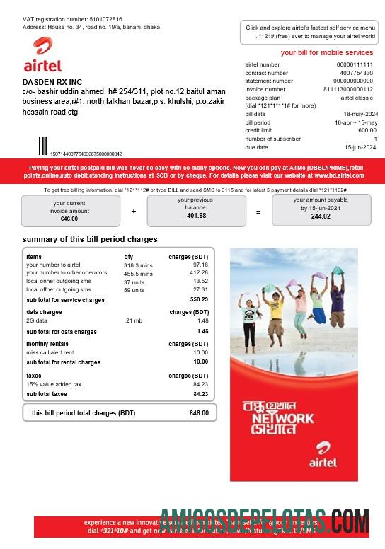 Profesional India Airtel telecommunication services bisnis Tagihan Tagihan templat in Word and PDF format