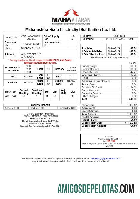 Berkualitas India Mahavitaran Co Ltd bisnis Tagihan Tagihan templat in Word and PDF format╒╜