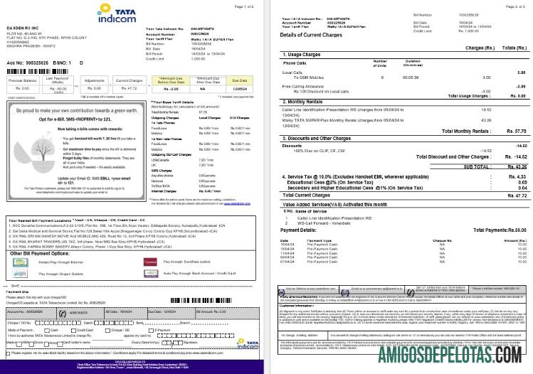 Profesional India Tata Indicom mobile bisnis Tagihan Tagihan templat in Word and PDF format, 2 pages