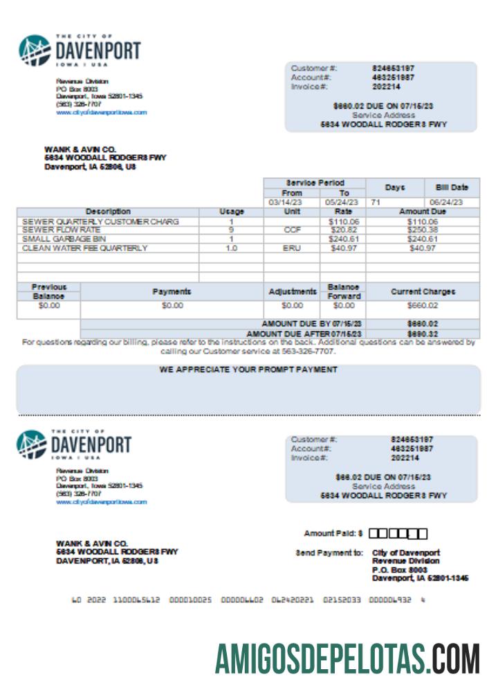 Berkualitas Iowa City of Davenport Tagihan bisnis Tagihan, Word and PDF templat scr