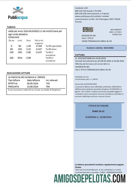 Realistis Italia Publiacqua bisnis Tagihan Tagihan templat in Word and PDF format