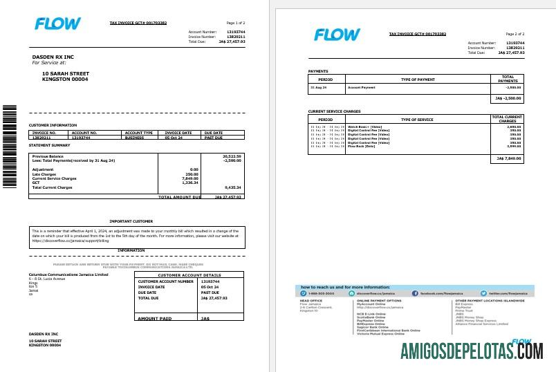 Premium Jamaika Flow pajak faktur cable and internet bisnis Tagihan Tagihan Word and PDF templat, 2 pages