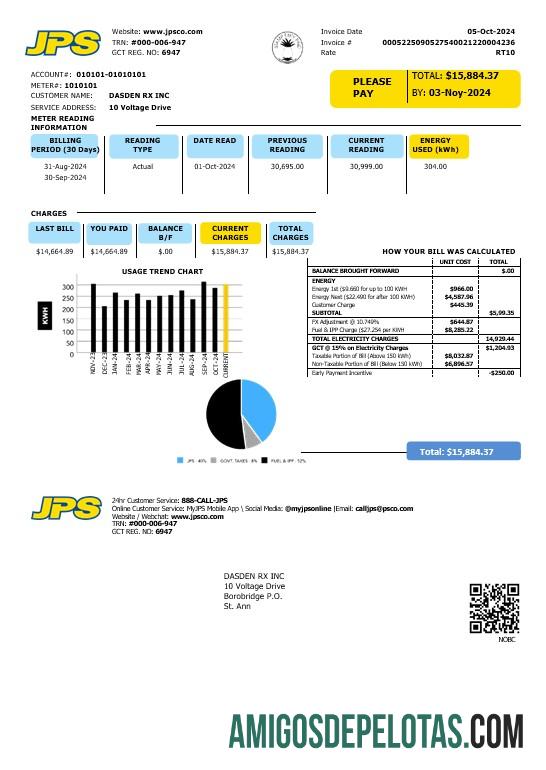 Profesional Jamaika Public layanan Perusahaan Limited (JPS) Listrik bisnis Tagihan Tagihan templat in Word and PDF format