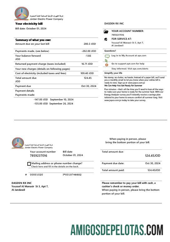 Dapat Diedit Yordania Jordanian Electric Power Co JEPCO Listrik bisnis Tagihan Tagihan templat in Word and PDF format