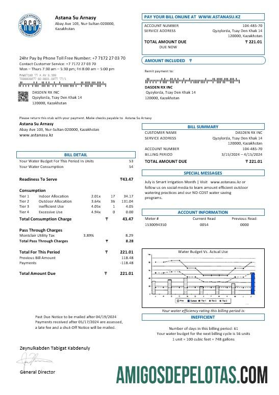 Realistis Kazakhstan Astana Su Arnasy bisnis Tagihan Tagihan templat in Word and PDF format (.doc and .PDF)