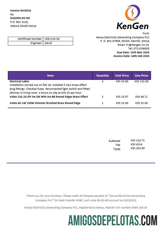Profesional Kenya KenGen Listrik Generating Perusahaan bisnis Tagihan Tagihan templat in Word and PDF format